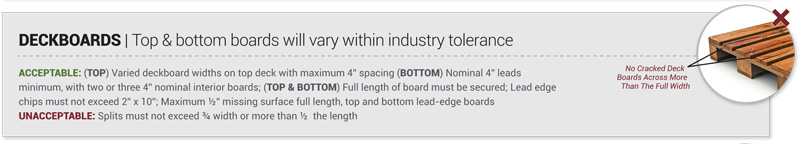 Grade 2 pallet reconditioning deckboards specifications are that the top and bottom boards will vary within industry tolerance Grade 2 pallet reconditioning deckboards specifications are that the top and bottom boards will vary within industry tolerance
